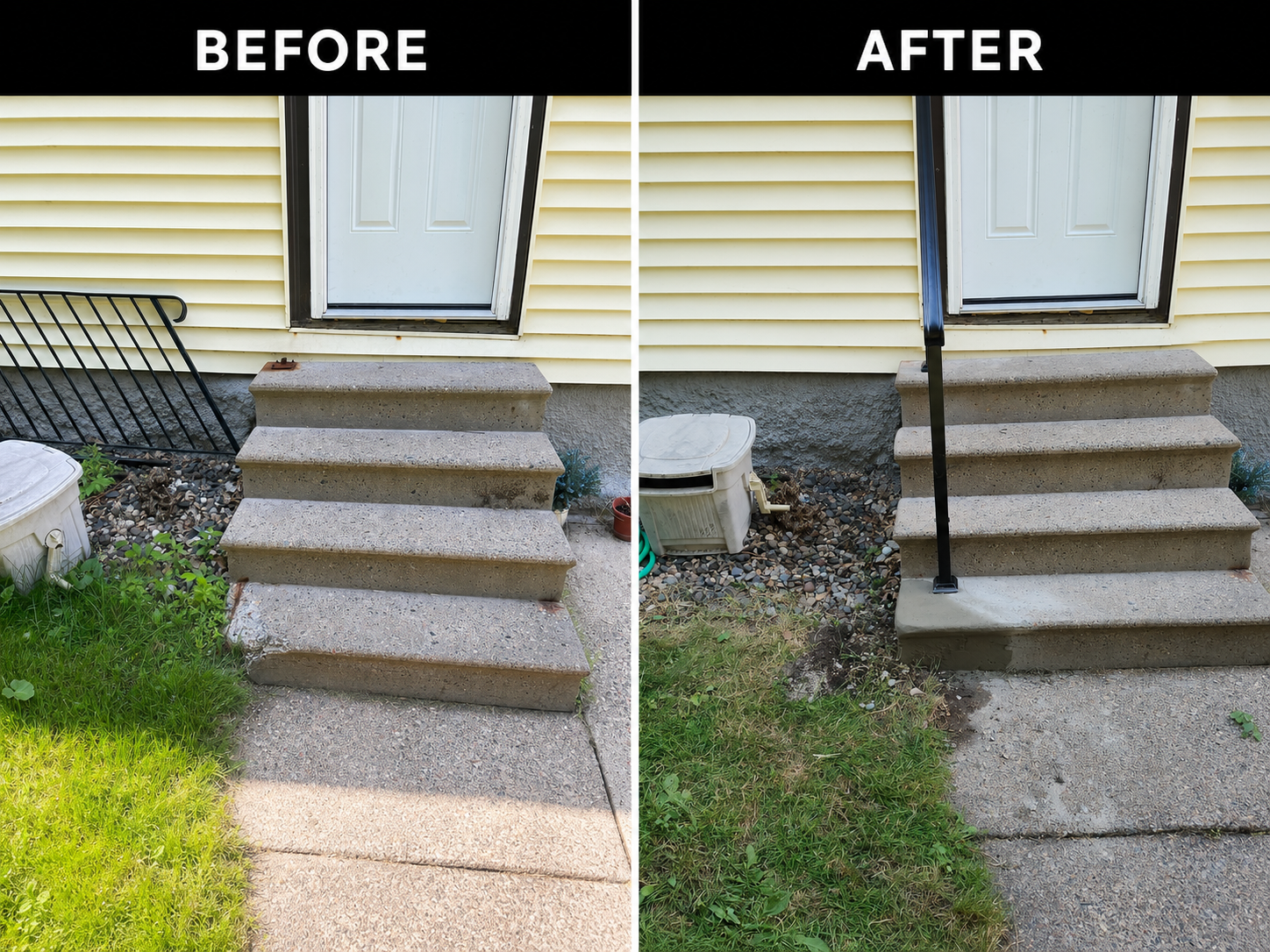Doorway concrete steps before and after repair and railing installation