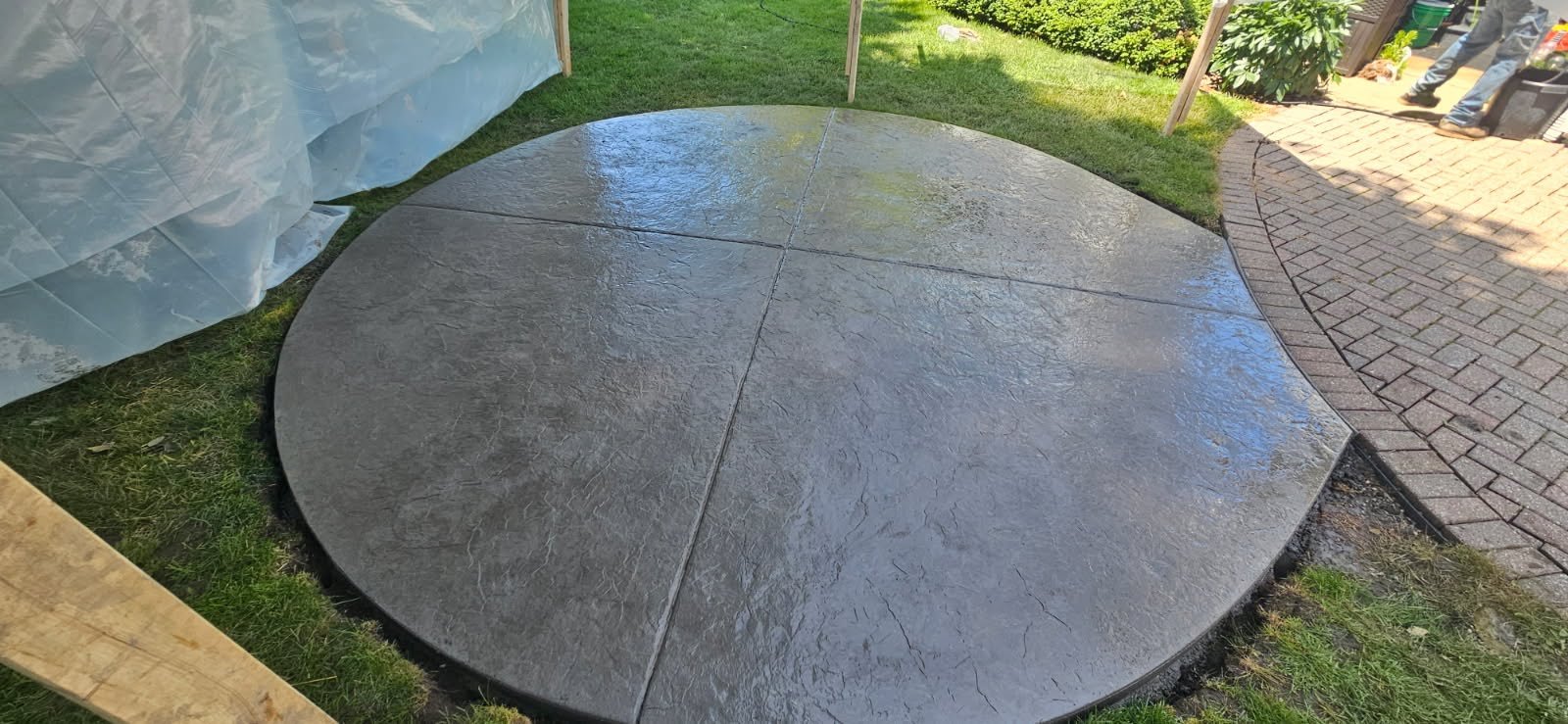 Finished circular stamped concrete patio