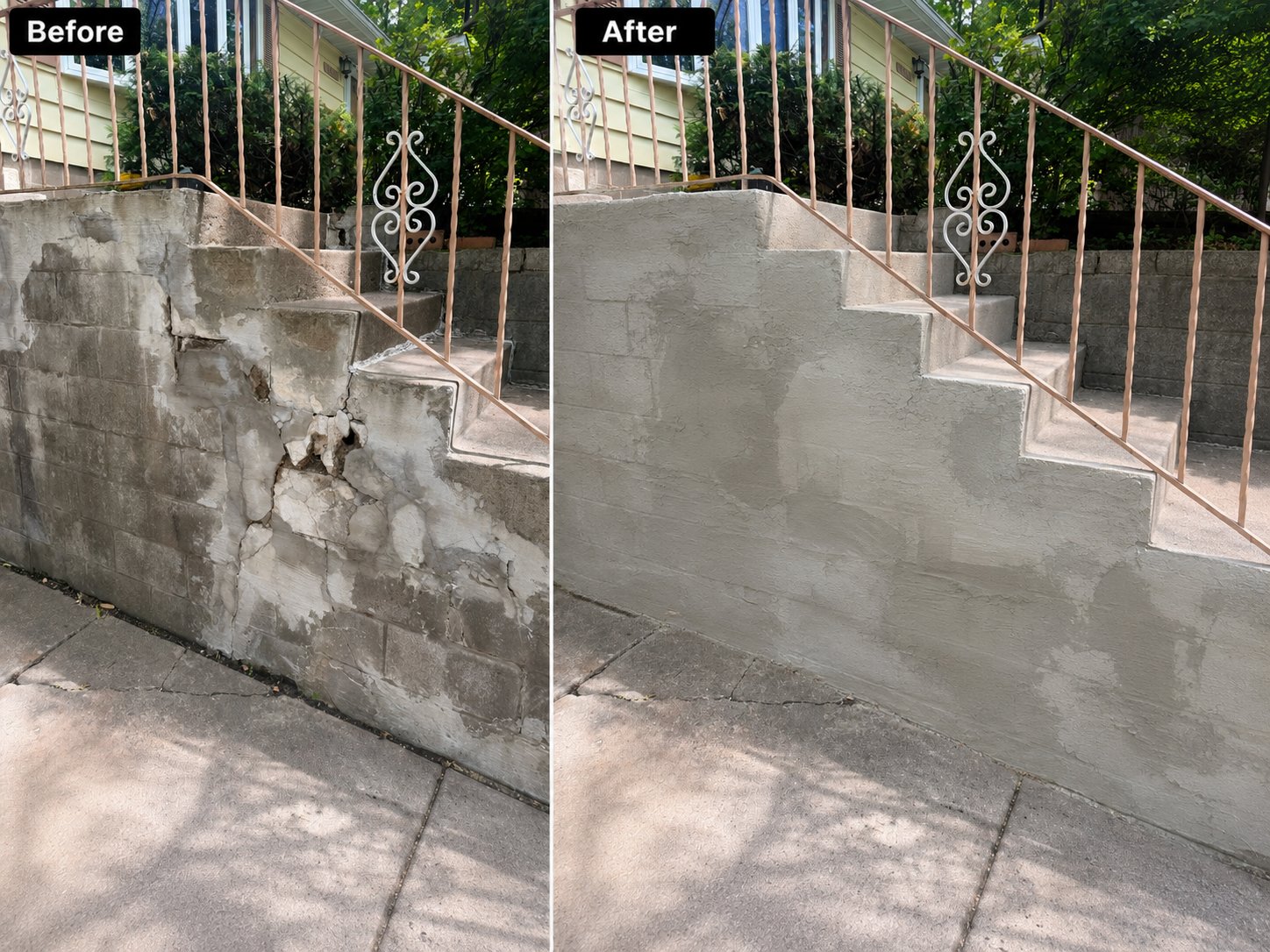 Concrete block wall before and after surface repair